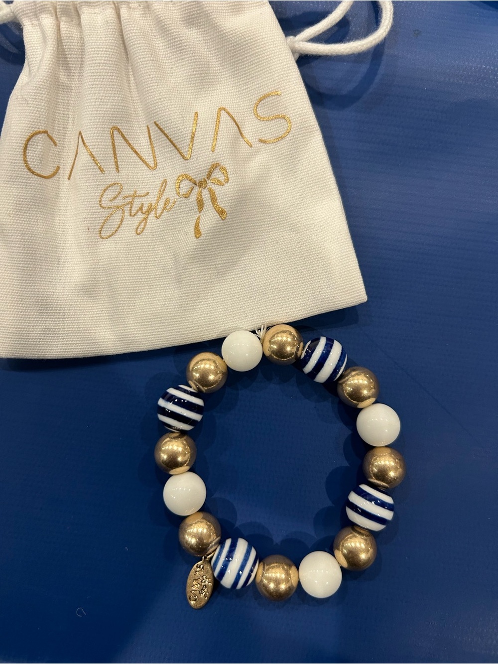 Canvas Style Blue & White Striped Beaded Stretch Bracelet with Gold Details